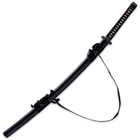 The 41 1/2” overall katana slides smoothly in a black lacquered, wooden scabbard and it features a black hanging cord