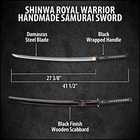 Shinwa samurai sword with direct view of faux ray skin handle wrapped with black cord attached to a wing design tsuba
