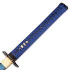 Shinwa Azure Sea Lily Handmade Katana - Hand Forged Blue 1045 Carbon Steel Blade, Blue Leather - Wooden Display Stand