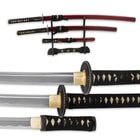 The three sword set is shown all with coordinating red scabbards on a wooden display and zoomed view of the handles. 