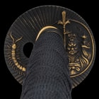 It has an antiqued brass, round tsuba with an intricately detailed demon monk and centipede design