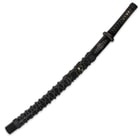 The black hardwood scabbard has a gray ornamental design just above the black cord wrapping. 