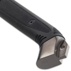 Zoomed view of textured TPR handle with no-slip grip showcasing oversized polished steel pommel and guard
