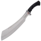 It has a 13” resilient, modern D2 tool steel blade and rock-solid full-tang construction with thru-holes and a blood groove