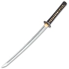 19 inch T10 carbon steel blade shikoto wakizashi showcasing a wooden handle wrapped with black cord over tea dyed rayskin
