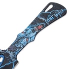 Each has a solid, one-piece stainless steel construction with wolf and lightning, printed artwork on a black background