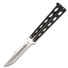 The knife’s black die cast handles open to reveal the 5” 440C high carbon stainless steel blade.