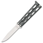 Small Black And Silver Speckled Skeleton Butterfly Knife - Stainless Steel Blade, Die Cast Metal Handles, USA Made
