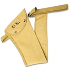 The WWII M1A1 Carbine Padded Jump Holster has a nylon webbing belt strap at the top and an adjustable, nylon webbing leg strap, with metal buckle, at the bottom