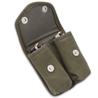 The pouch is made of durable, olive drab canvas with a stamped US, and the top flap has metal snap closures