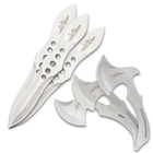 3 mirror polished throwing knives and 3 mirror polished throwing axes on a white background.
