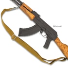 Russian Military AK-47 Canvas Sling - Used - OD Canvas, Nylon Webbing, Adjustable, Metal Hardware, Leather Strap