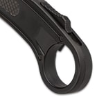 A retention ring is at the end of the black metal alloy handle with deployment button on the spine.