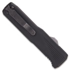 Closed pocket knife with dark grey aluminum enclosure and reversible deep carry pocket clip.
