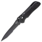 The knife has a 3 3/5”, razor-sharp 154CM steel, serrated tanto blade with a 58-61 HRC and a black-coated finish