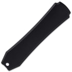 Closed black non-reflective aluminium handle with rounded edges and key chain hole. 

