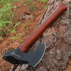 The 5 3/10” axe head is crafted of 1055 high carbon steel with a dark grey coating and it has a sharp 4 3/4” blade edge