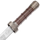 Chinese Luck Dagger And Faux Wooden Scabbard - Stainless Steel Blade, ABS Handle, Metal Alloy Fittings - Length 14 1/2”