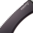 It has a distinctively curved, black 12 1/4" stainless steel blade with wicked sawback serrations along the blade spine
