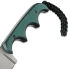 The green, resin infused fiber handle has an ergonomic grip, combining strength with visual appeal and it has a paracord lanyard