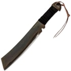 The machete is 18 1/4” and made of heat forged 1090 carbon steel with a black cord wrapped handle.
