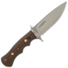 4 5/8" 420HC stainless steel blade with a stain finish and G10 wood look handle, and engraving on blade "Hibben Knives."
