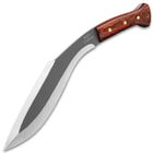 The kukri has a hand-forged, 9 3/4" 1055 carbon steel blade with a two-tone grey and satin finish.