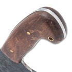 Wooden handle scales are secured to the full-tang.