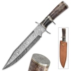 Timber Wolf Prairie Moon Damascus Bowie Knife with Genuine Leather Sheath