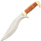 USMC Stacked Leather Handle Kukri Knife - Stainless Steel Blade, Stacked Leather Handle, Brass Pommel - Length 16 1/2”