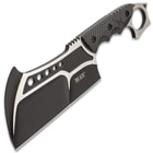 The 2Cr13 cast stainless steel, cleaver-style blade is 3 3/4” wide with a 6 1/4” blade and it has a black oxide coating