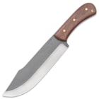 It has a sharp full-tang, 8 1/4” 1095 high carbon steel clip point blade with a rough-forged, finish along the spine