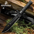The 12” overall bayonet knife has a textured and deep-grooved, black TPU handle, offering a secure grip in any environment