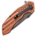 American Flag Pocket Knife - Stonewashed Black Stainless Steel Blade, Engraved Wooden Handle Scales, Pocket Clip