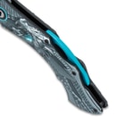 Close up image of the blue spine on the handle of the Ridgeback Dragon Pocket Knife.