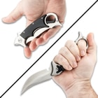 Full image of the Kerambit held in hand opened and closed.
