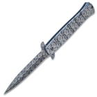 Kriegar Blue DamascTec Stiletto Pocket Knife - Stainless Steel Blade And Handle, Damastec Finish, Assisted Opening