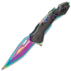 Rampage® Rainbow Atomica Assisted Opening Pocket Knife - Stainless Steel Blade, Aluminum Handle, Bottle Opener, Pocket Clip - Closed 4 3/4”
