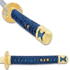 Different views of the blue cord-wrapped handle and tsuba