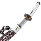 The sword has a faux rayskin and white cord-wrapped hardwood handle with a pewter-colored metal alloy pommel