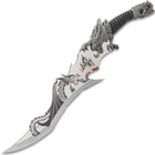 Dragon And Castle Fantasy Knife With Display Stand - Stainless Steel Blade, Painted Dragon Scene, Crafted Metal Handle - Length 12 1/2”