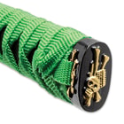 The wooden handle is traditionally wrapped in neon cord and the square tsuba is black with a green biohazard logo