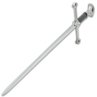 Top view of pewter look metal alloy hilt and pommel on a middle ages warrior stainless steel short sword
