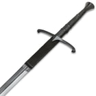 The Honshu Historic Black Claymore has a high-carbon steel blade with a genuine suede wrap below the dark steel handguard