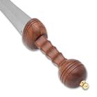 The Roman Mainz Pattern Gladius’ handle is wooden with a grooved grip and rounded pommel.