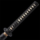 It has an expertly cord-wrapped hardwood handle and an intricately crafted bamboo-themed, cast metal alloy tsuba