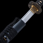 The 40” overall katana slides smoothly into a black, lacquered scabbard, accented with black cord-wrap to match the handle