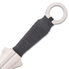 The handles are wrapped in black, waxed cotton cord for a comfortable, no-slip grip and each features an open-ring pommel