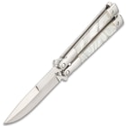 Classic Pearl Butterfly Knife - Stainless Steel Blade, Pearl Handle, Stainless Bolsters, Latch Lock, Double Flippers - Length 7 3/4”