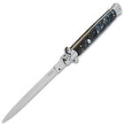 The 13” knife is shown fully opened with 6” stainless steel blade with black acrylic handle scales.
